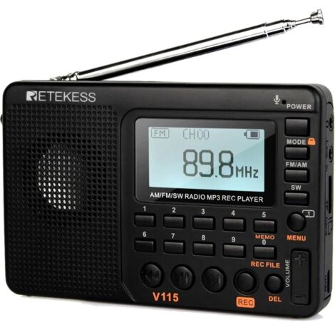 (Schwarz) V115 Tragbares Radio, kleines wiederaufladbares Radio, UKW, MW, 12-24-Kanal-Radio, Batterie- und Netzbetrieb, TF-Kartensteckplatz, Aufnahmefunktion, MP3-Wiedergabe, Sleep-Timer, Badezimmer, 