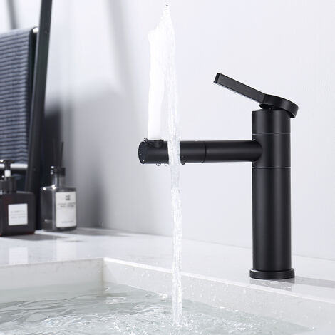 Schwarz Wasserhahn Bad 360° Drehbar Waschtischarmatur, Einhebel Wasserhahn Bad mit 2 Schläuche Einhebelmischer Waschbecken Armaturen für Bad