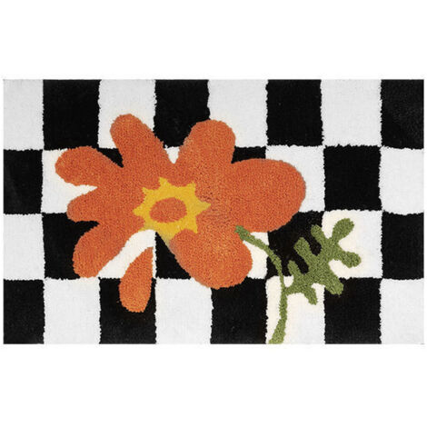 Schwarz-weiß karierte, rutschfeste Fußmatte mit orangefarbener Blume für Bad, Küche, Wohnzimmer, 50 x 80 cm