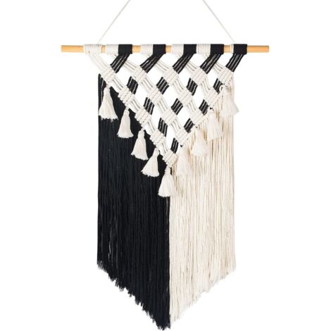 Schwarz-weißer Wandbehang, Boho-Wandbehang, gewebte Wandkunst P