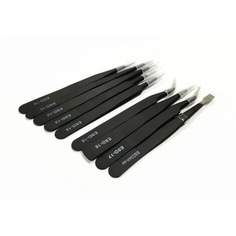 Schwarze antistatische Pinzette, gerade, rund, abgewinkelt, flach und spitz, 9-teiliges Set YD-9