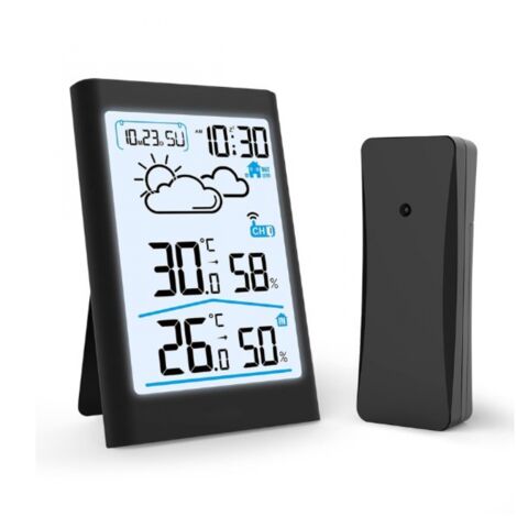 Schwarze drahtlose Wetterstation, Innen-/Außenthermometer, Hygrometer, Barometer mit LED-Sensor