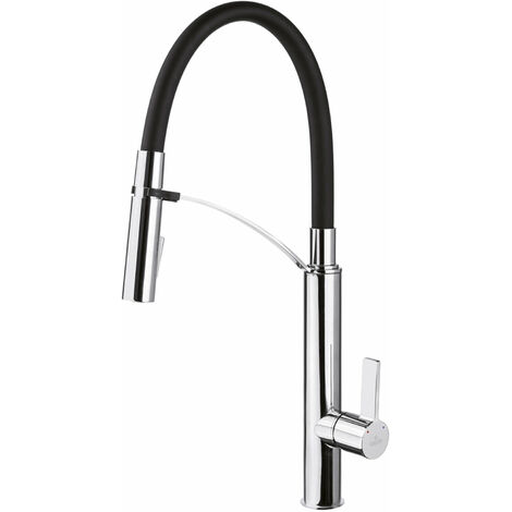 Schwarze Einhebelmischer Küchenarmatur Spültischarmatur Küchen Wasserhahn mit flexiblem Auslauf aus Silikon und umschaltbarer Geschirrbrause - Schwarz & Chrom - Modell GERBERA