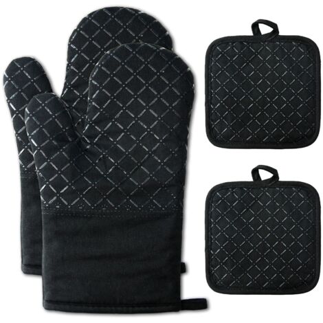 Schwarze, hitzebeständige Handschuhe, 18 x 30 cm, vier Paar lang, dick, hochtemperaturbeständig, mikrowellengeeignet.