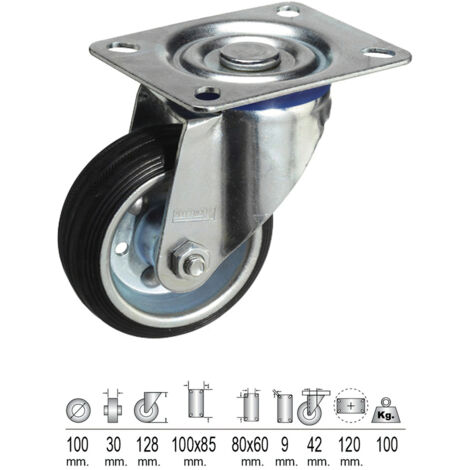 Schwarze, industrielle Gummirolle mit Platte 100 mm.
