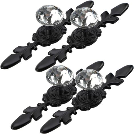 Schwarze Kristall-Möbelgriffe [4er-Set] — Vintage-Kommodenschubladengriffe, dekorative Kristallglasgriffe im Diamant-Stil mit Sockel (schwarzes Kristall, 12 cm)