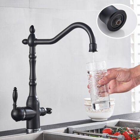 Schwarze Küchenarmatur mit gefiltertem Trinkwasser,Onyzpily 3-Wege-Mischbatterie aus massivem Messing,Dusche und Wasserreiniger,Zwei-Griff-Spültischarmatur