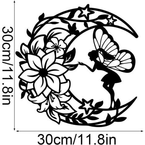Schwarze Metall-Wanddekoration, Mondblumen-Feen-Metall-Wandskulpturen, Dekoration für Mädchenzimmer, Wohnzimmer, Garten, Badezimmer (30 x 30 cm)