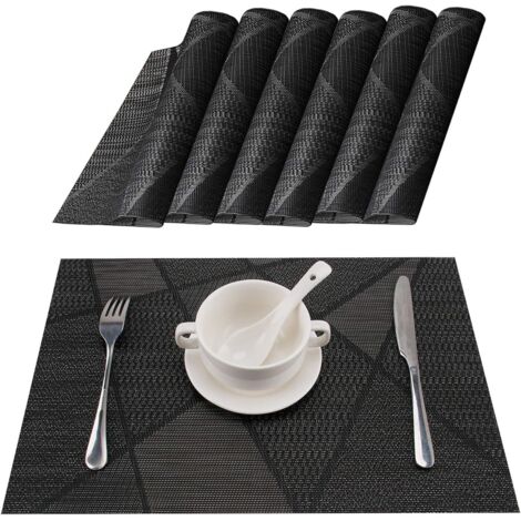 Schwarze PVC-Tischsets, rutschfest, abwaschbar, hitzebeständig, gewebtes Vinyl, 45 × 30 cm, 6er-Set, für Zuhause/Restaurant/Hotel