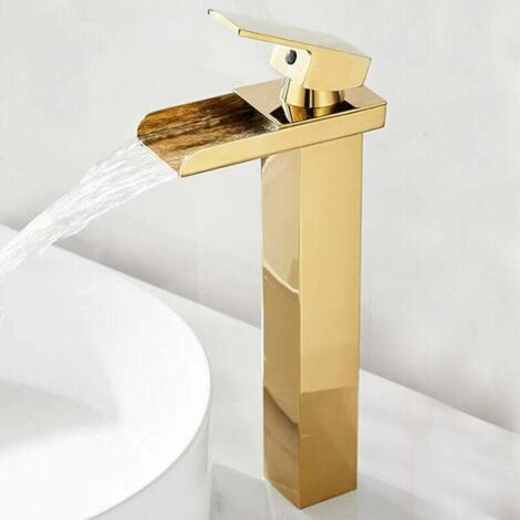Schwarze Wasserfall-Waschtischarmatur mit hohem Wasserfallauslauf. Modernes Messingdesign, Warm- und Kaltwasserfunktion, elegante, mattschwarze Oberfläche.