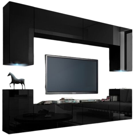 Schwarze Wohnzimmermöbel-Set, hängend, Kollektion CEPTO I 240cm, 8 Türen, 6 Regale, LEDs