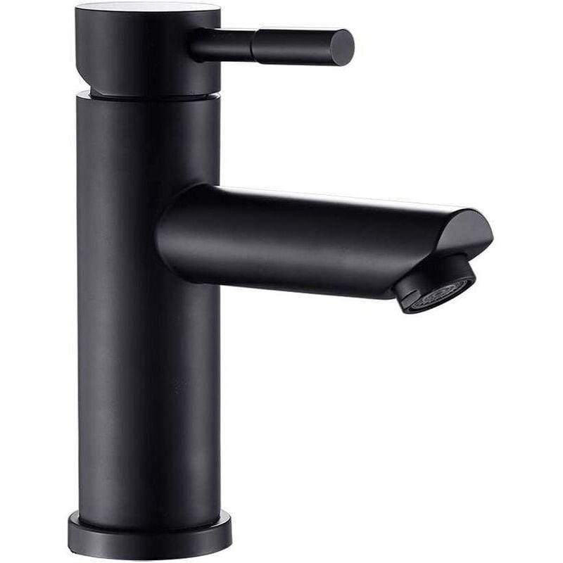 Image of Rubinetto per bagno nero, rubinetto per lavabo a leva singola, corpo in acciaio inossidabile per lavabo, beccuccio rotondo, acqua calda e frossoda
