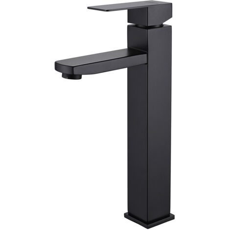 Schwarzer Badezimmerhahn, quadratischer Waschtischmischer, Warm- und Kaltwasserhahn, Edelstahl-Badezimmermischer (mit 80 cm Zulaufschlauch)