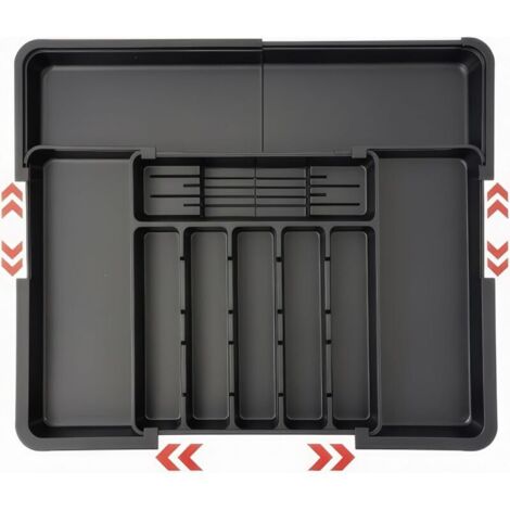 Schwarzer Besteckkasten, ausziehbarer Besteckkasten, Küchenschubladen-Besteckorganizer mit 2 herausnehmbaren Messerblöcken und 9 Besteckhaltern