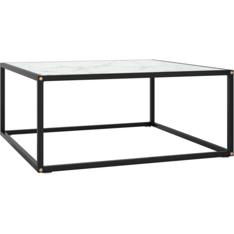 Schwarzer Couchtisch mit weißer Marmor-Glasplatte 80x80x35 cm