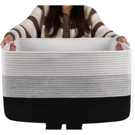 Schwarzer Deckenkorb, dreiteilig, 48 x 28 x 23 cm, 1 rechteckiger Korb aus gewebtem Baumwollseil, Babyaufbewahrung mit Griff