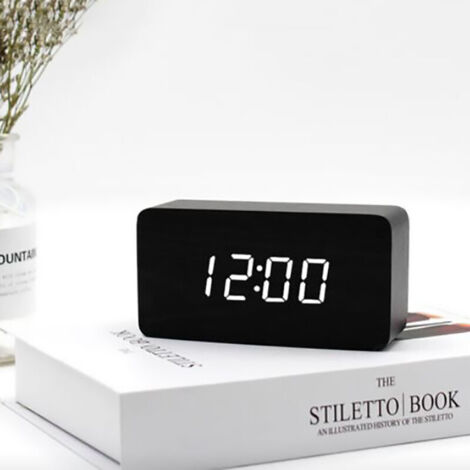 Schwarzer digitaler Wecker aus Holz, einstellbare Helligkeit, Sprachsteuerung, LED-Uhr, rechteckige Anzeige, Zeit, Temperatur, Heimdekoration