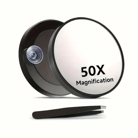Schwarzer Handkosmetikspiegel 50-fache Vergrößerung mit Saugnapf, Pinzette und Box, tragbar & hochauflösend