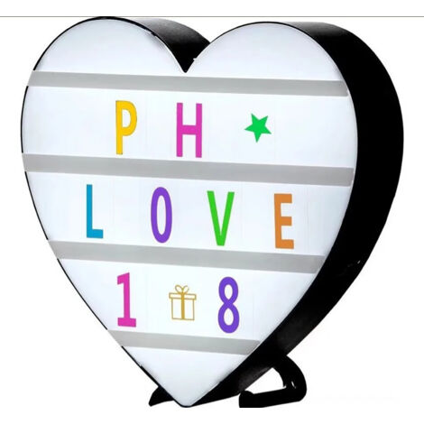 Schwarzer herzförmiger LED-Leuchtkasten für Kinodekoration mit bunten Alphabet-Aufklebern