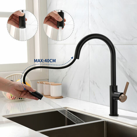 Schwarzer Küchenarmatur 360 ° drehbar mit 2 Funktionen Ausziehbare Brause Einhebel-Spültischbatterie Hoher Auslauf mit roségoldenem Griff für die Küche