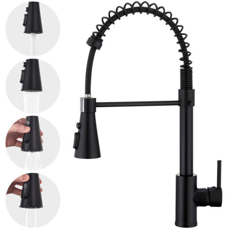 Schwarzer Küchenarmatur mit Feder aus Messing – 360° drehbarer Spültischarmatur mit 4 Strahlarten, professionell & langlebig  Küchenwasserhahn