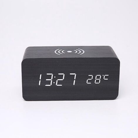 Schwarzer LED-Digitalwecker (150 mm x 70 mm x 70 mm) aus Holz mit kabelloser Ladefunktion