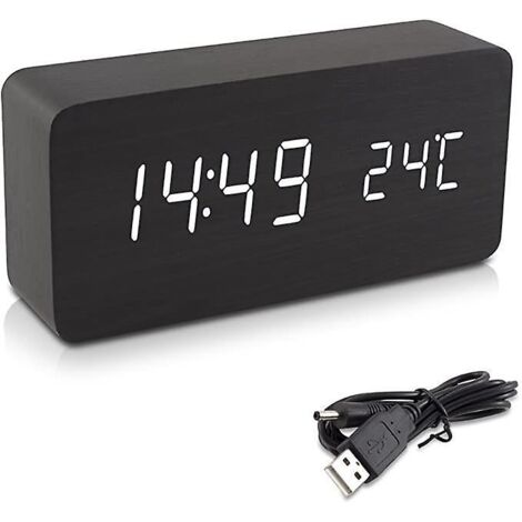 (Schwarzer) LED-Wecker in Holzoptik – Digitaluhr mit Touchscreen, Datums-, Zeit- und Temperaturanzeige – Weißes Rechteck mit LED-Beleuchtung