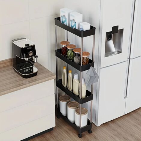 Schwarzer, mobiler Badezimmer-Aufbewahrungswagen mit drei Ebenen, platzsparend, für Toilettenartikel, Handtücher, Kosmetik, Bad und Küche, leicht zu bewegen