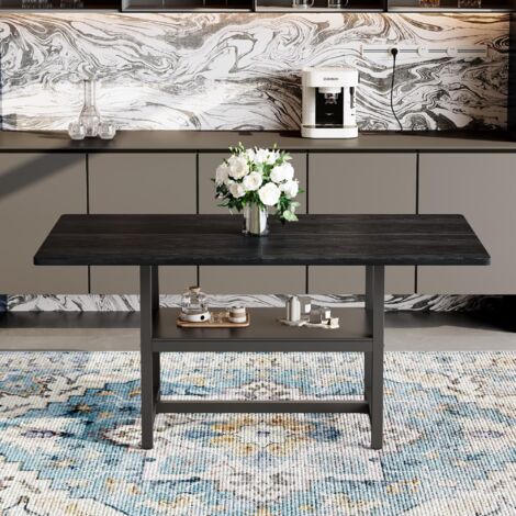 Schwarzer rechteckiger Esstisch im Industriedesign, 160×90×76 cm, für 4–6 Personen, mit multifunktionalem Ablageregal, geeignet für Wohnzimmer, Küche und Essbereich.