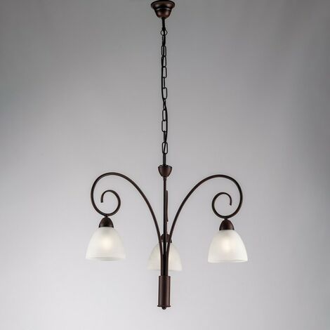 Schwarzer Rost Eisen Kronleuchter Weißes Glas Lampenschirme drei Lichter 48x h50 cm