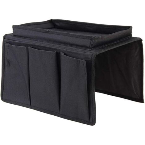 Schwarzer Sofa-Armlehnen-Organizer mit Stauraum für Handy, Bücher und Fernbedienung sowie Hängetasche