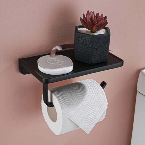 Schwarzer Toilettenpapierhalter mit Ablagen, mattschwarzer, rostfreier Toilettenpapierhalter, wandmontierter Toilettenpapierhalter, Toilettenpapierhalter aus massivem Metall fürs Badezimmer