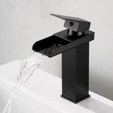 Schwarzer und goldener Waschtischhahn, Badezimmerhahn, Warm- und Kaltwasser, Einhebelmischer, Aufsatzmontage, Waschtischhahn, schwarz/chrom (kurzes schwarzes Modell 1)