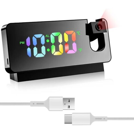 (Schwarzer) Wecker mit Projektion, Spiegelwecker, mit Temperaturanzeige und großem LED-Bildschirm, 180°-Drehung, USB-Stromversorgung, Deckenprojektion, Schlafzimmer
