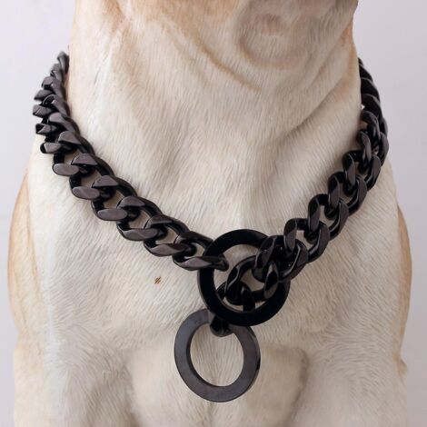Schwarzes 25 cm langes (für Hunde mit einem Halsumfang von 15 cm empfohlenes) Kettenhalsband aus massivem Eisenmetall, silberplattiert