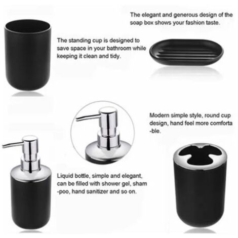 Schwarzes Badezimmer-Accessoire-Set mit Seifenschale, Seifenhalter und Lotionspender – ABS – 6-teiliges Set für Zuhause/Hotel