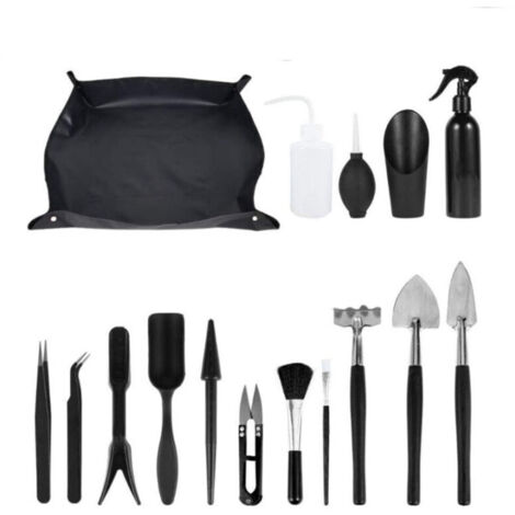 (Schwarzes) Gartengeräte-Set, Mini-Gartengeräte-Set für drinnen, Komplettes Set, geeignet für Zimmerpflanzen und Topfpflanzen, 16-teilig mit Unterlage