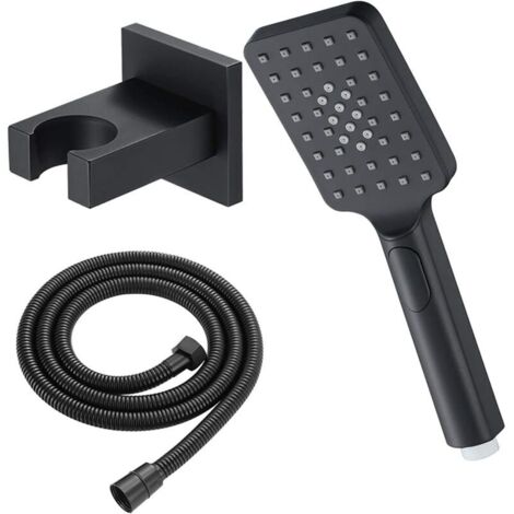 Schwarzes Handbrauseset, bestehend aus Brauseschlauch, wassersparender quadratischer Handbrause und Messinghalterung.