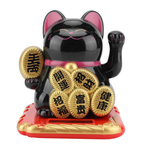Schwarzes Maneki-neko-Kätzchen mit Solarbatterie für Auto und Zuhause – Dekorativer japanischer Glücksbringer