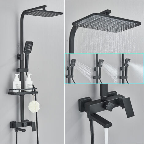 Schwarzes quadratisches Duschset mit drei Gängen, Onyzpily Duschsystem komplett aus Kupfer mit Duschkopf Bidet Badewannenarmatur, höhenverstellbar