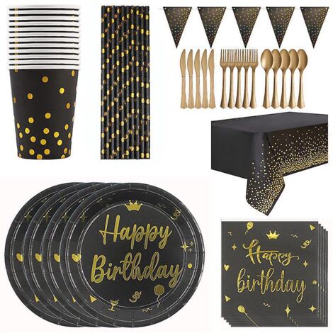 Schwarzes und goldenes Geburtstagsgeschirr, 20 Party-Platzsets, Pappteller und Pappbecher für Partys, Hochzeiten und Dips