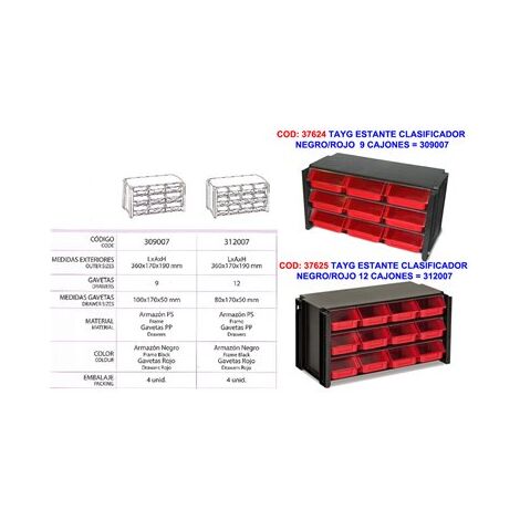 Schwarzes und rotes Sortierregal mit 12 Schubladen 312007