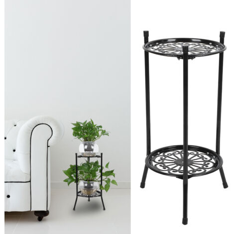 Schwarzes, zweistöckiges Blumenregal aus Metall, ideal für Wohnzimmer oder Garten, mit 2 Ablagen, Durchmesser 25 cm, Höhe 50 cm