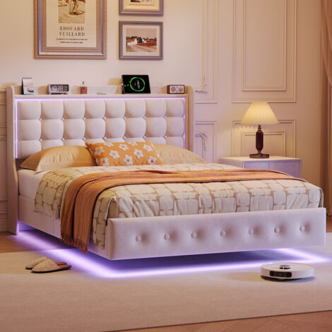 Schwebendes Doppelbett 140 x 200 cm, gepolstertes Kopfteil mit USB-/USB-C-Ladestation und RGB-LED-Beleuchtung, weicher Samtrahmen, Lattenrost, Weiß