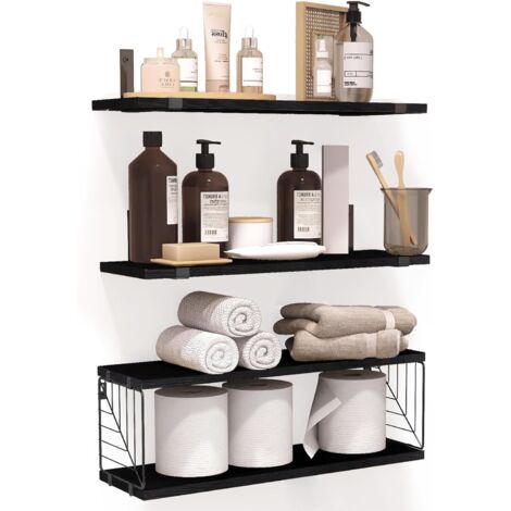 Schweberegale für Badezimmer mit 3 Ebenen und 1 Ebene, 40 cm, rustikale Holzregale, Wanddekoration für Badezimmer, Wohnzimmer, Schlafzimmer und Küche (schwarz)