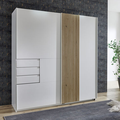 Schwebetürenschrank 180cm, weiß mit Eiche, CHIVASSO-43