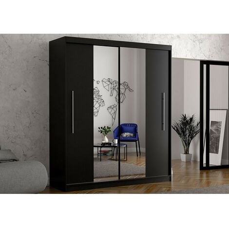 IDŹCZAK-MEBLE Schwebetürenschrank Kleiderschrank Schrank Garderobe Spiegel Torino (Schwarz/Schwarz) + Spiegel