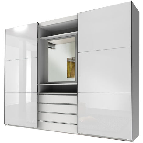 Schwebetürenschrank weiß Glasfront mit Spiegel Element, MIDLAND-43