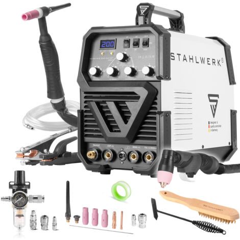 STAHLWERK AC/DC WIG 200 Plasma ST IGBT - Kombi 200 Amp WIG MMA Schweißgerät mit 50 Amp CUT Plasmaschneider ALU geeignet weiß 7 Jahre Garantie