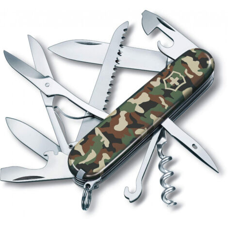 Schweizer Taschenmesser Victorinox Huntsman, inklusive Schere und Holzsäge, 15 Funktionen, für Camping, Tarnfarbe